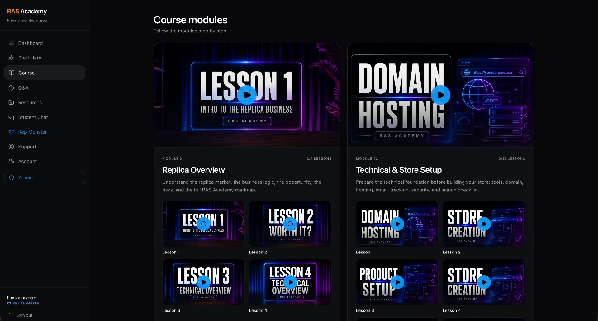نظرة داخل منصة RAS Academy — الكورس، الموديولات والدروس